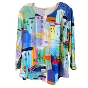 Jess & Jane Medium Santorini Abstract Art Print Long Sleeve Top,  Made in‎ USA